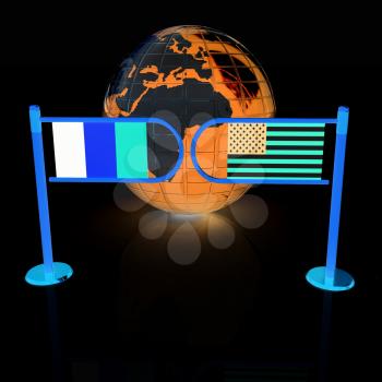 Three-dimensional image of the turnstile and flags of USA and Belgium on a white background 