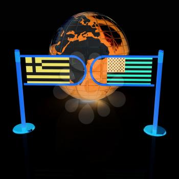 Three-dimensional image of the turnstile and flags of USA and Greece on a white background 