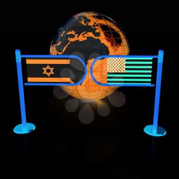 Three-dimensional image of the turnstile and flags of America and Israel on a white background 
