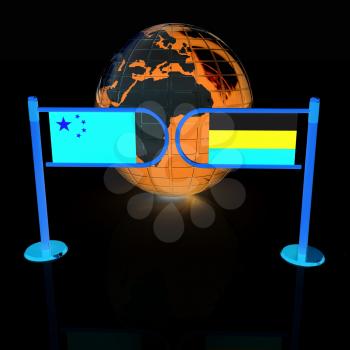 Three-dimensional image of the turnstile and flags of China and Russia on a white background 
