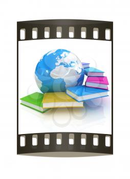 colorful real books and Earth. The film strip