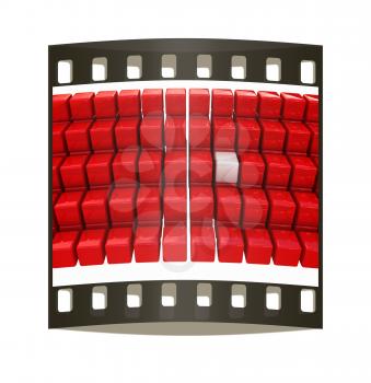 One individuality white cube among the red cubes isolated on white background. The film strip
