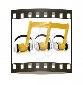 headphones and 3d note on a white background. The film strip