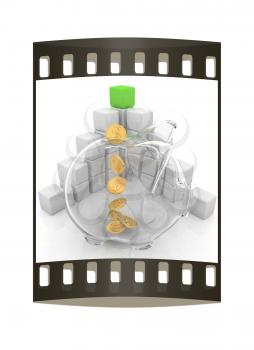 cubic diagram structure and piggy bank on a white background. The film strip