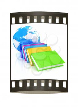 colorful real books and Earth. The film strip