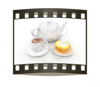 Appetizing pie and cup of coffee on a white background. The film strip
