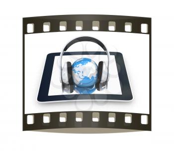 phone and headphones.Global on a white background. The film strip