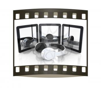 phone and headphones on a white background. The film strip