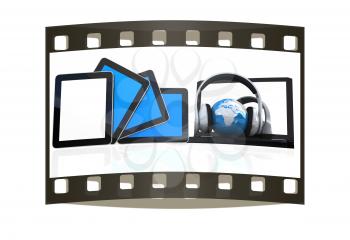 headphones and  earth on the  laptop and tablet pc on a white background. The film strip