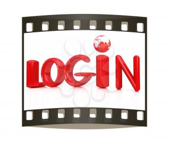 3d red text login on a white background. The film strip