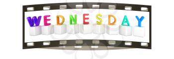 Colorful 3d letters Wednesday on white cubes on a white background. The film strip