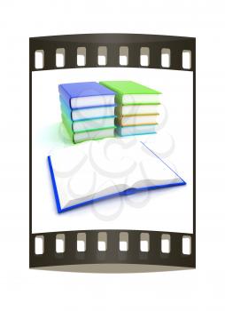 colorful real books on white background. The film strip