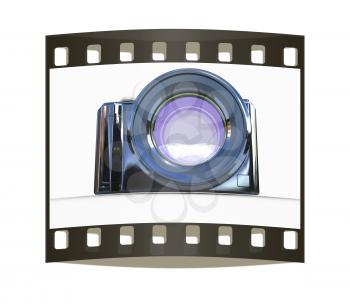 3d illustration of photographic camera on white background. The film strip