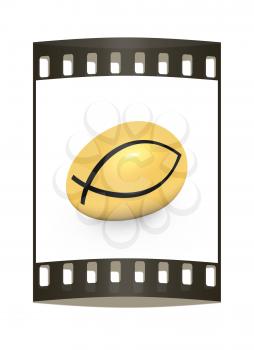 Gold egg with a symbol of Christianity ichthys(Jesus Christ is the Son of God Savior) on a white background. The film strip