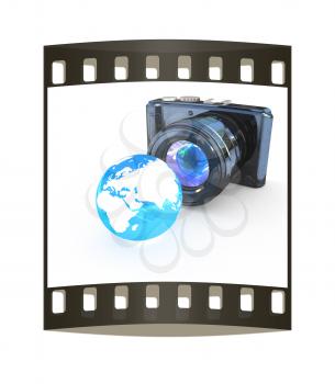 3d illustration of photographic camera and Earth on white background. The film strip