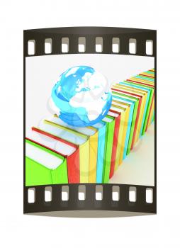 Colorful books and earth on a white background. The film strip