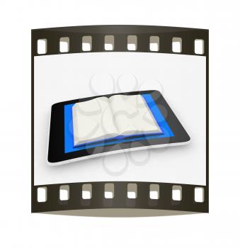 tablet pc and opened book on white background. The film strip
