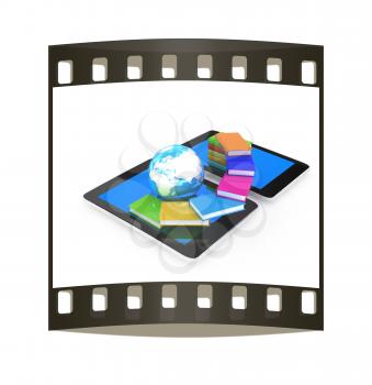 tablet pc and earth with colorful real books  on white background. The film strip