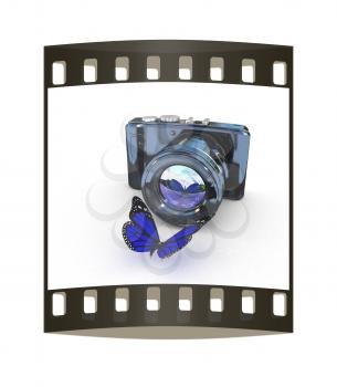 3d illustration of photographic camera and butterfly on white background. The film strip