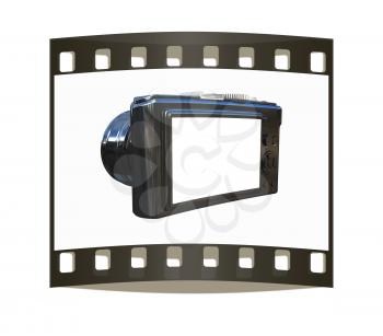 3d illustration of photographic camera on white background. The film strip