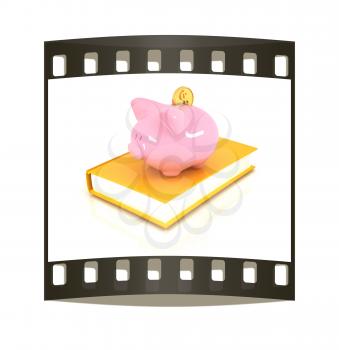 Piggy Bank with a gold dollar coin on book on a white background. The film strip