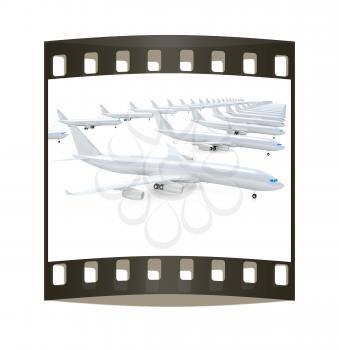 White airplanes on a white background. The film strip