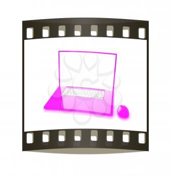 Pink laptop on a white background. The film strip