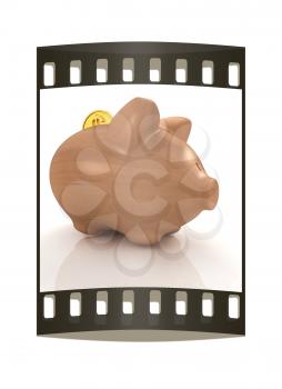 Wooden piggy bank and falling coins. The film strip