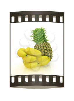 pineapple and bananas on a white background. The film strip