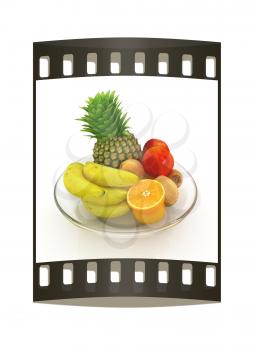 Citrus in a glass dish on a white background. The film strip