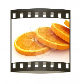 half oranges on a white background. The film strip