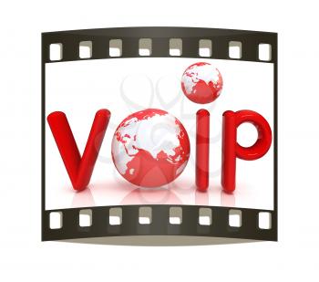 Word VoIP with 3D globeon a white background. The film strip