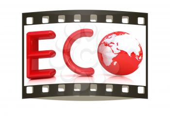 Word Eco with 3D globe on a white background. The film strip