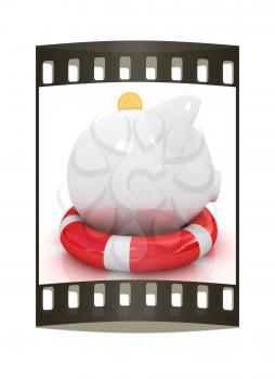 piggy bank on lifebuoy on white background. The film strip