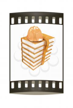 Stack of leather technical book with belt and hard hat on white background. The film strip with place for your text. The film strip