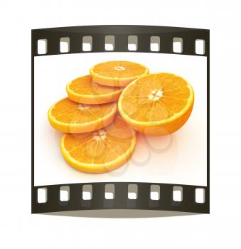 half oranges on a white background. The film strip
