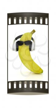 banana with sun glass and headphones front face on a white background. The film strip