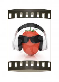 tomato with sun glass and headphones front face on a white background. The film strip