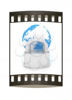 globe and padlock on a white background. The film strip