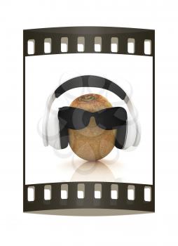 kiwi with sun glass and headphones front face on a white background. The film strip