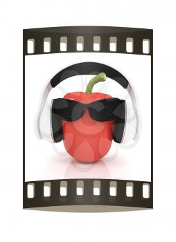 Bell peppers with sun glass and headphones front face on a white background. The film strip