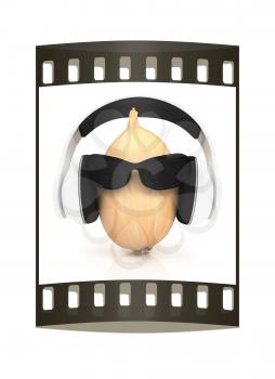 Ripe onion with sun glass and headphones front face on a white background. The film strip