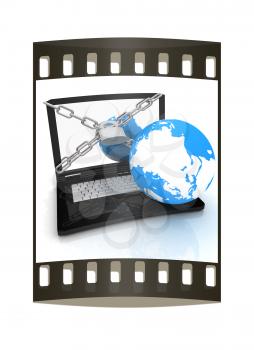 Laptop with lock, chain and earth on a white background. The film strip