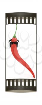 chili pepper with sun glass and headphones front face on a white background. The film strip