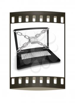 Laptop with lock and chain on a white background. The film strip