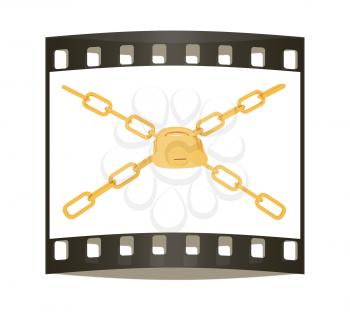 gold chains and padlock on white background - 3d illustration on a white background. The film strip