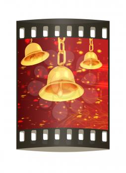 Gold bell on winter or Christmas style background with a wave of stars. The film strip