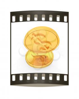 Gold dollar coins on a white background. The film strip