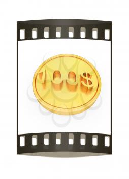 Gold 100 dollar coin on a white background. The film strip