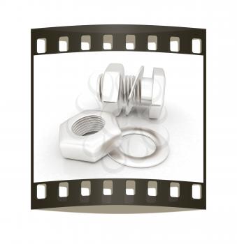 stainless steel bolts with a nuts and washers on white. The film strip